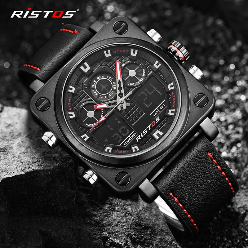 Ristos хронограф Для мужчин многофункциональные спортивные часы в стиле милитари кожа аналоговые модные наручные часы, наручные часы с механизмом, мужские часы Уникальный 9343