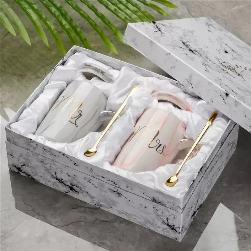 cheap Mr Mrs Flamingo Couple Cup and Mug Gift Box Ceramic Coffee Mug Marble Pattern Home Drinkware Lovers Gift Wedding Gift