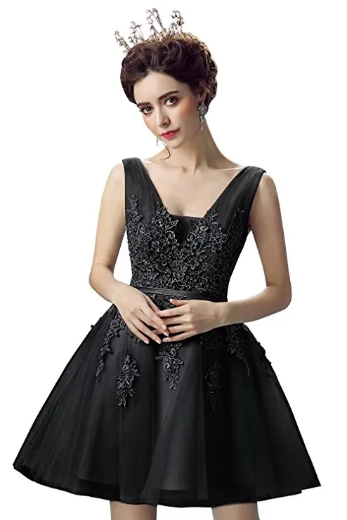 Vestido de festa длинное короткое вечернее платье, длинное Тюлевое кружевное вечернее платье с открытой спиной, вечернее платье, платья для выпускного вечера, robe de soiree - Цвет: Black Short