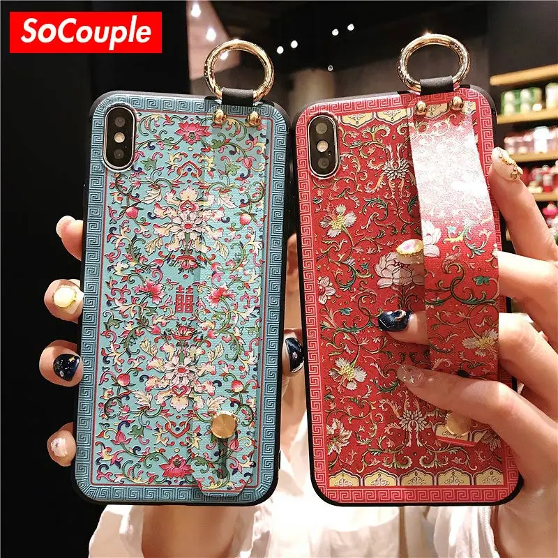 

SoCouple Chinese style Wrist Strap Phone Holder Case For iphone XR X Xs max 7 8 6 6s plus Flower Soft TPU Silicone Case Cover