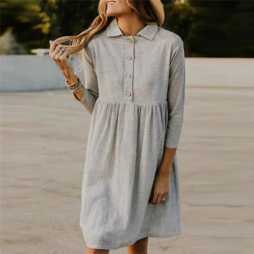 

Plus Size Women Vintage Cotton Linen Dress 2019 Female Short Sleeve Button Loose Solid Casual Summer Shirt Vestidos #1