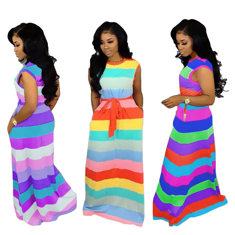 

Lady Cute Loose Casual Rainbow Striped Dress, Round Neck Sleeveless High Waist with Full Length Large Size Dress S-3XL M6186