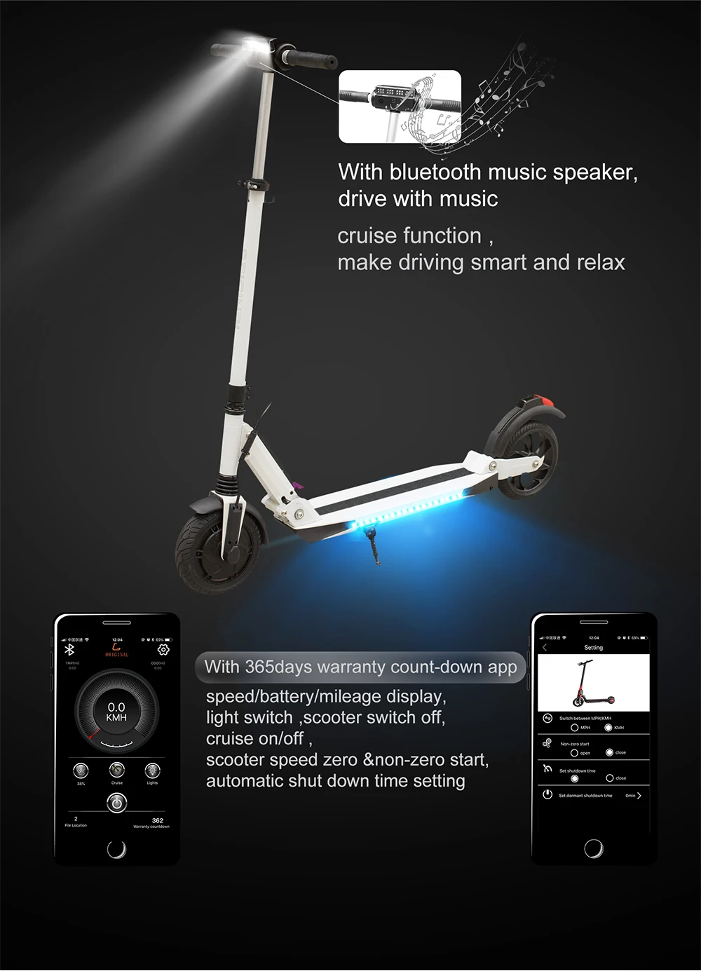 Best SUPERTEFF EW4 Pro folding kugoo App electric scooter  8 inch tires  LED light e scooter with Bluetooth music 36V 350W 6