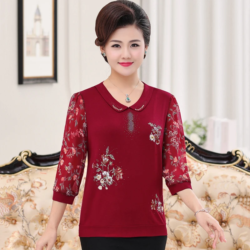 

Chiffon Sleeve Tshirt For Women Bottoming Shirts Tops 2019 Spring Summer New Plus Size 5XL Middle Age Mother Clothing Pullover