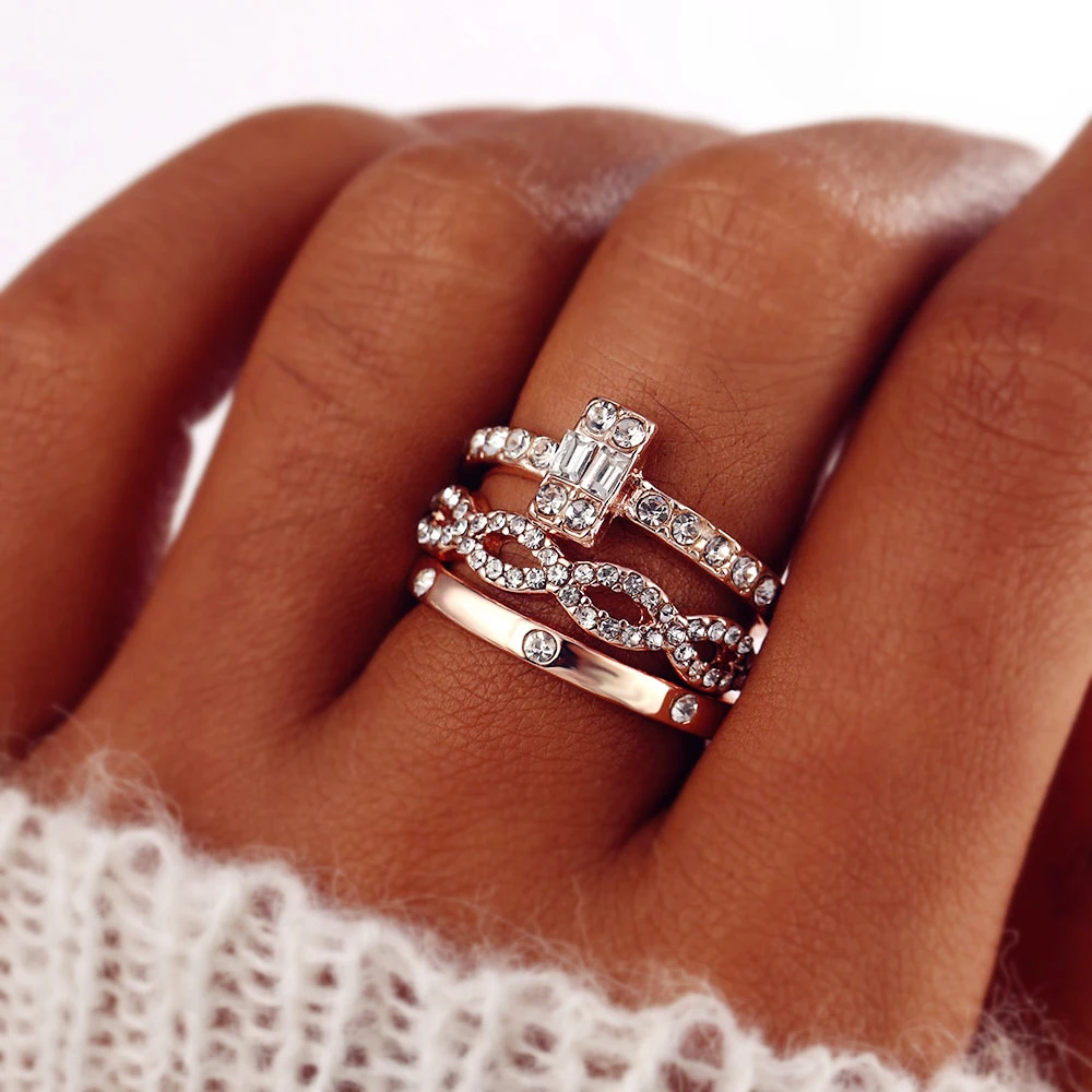 

Female Square Ring Set Luxury Rose Gold Filled Crystal Zircon Ring Wedding Band Promise Engagement Rings For Women Jewelry Gift