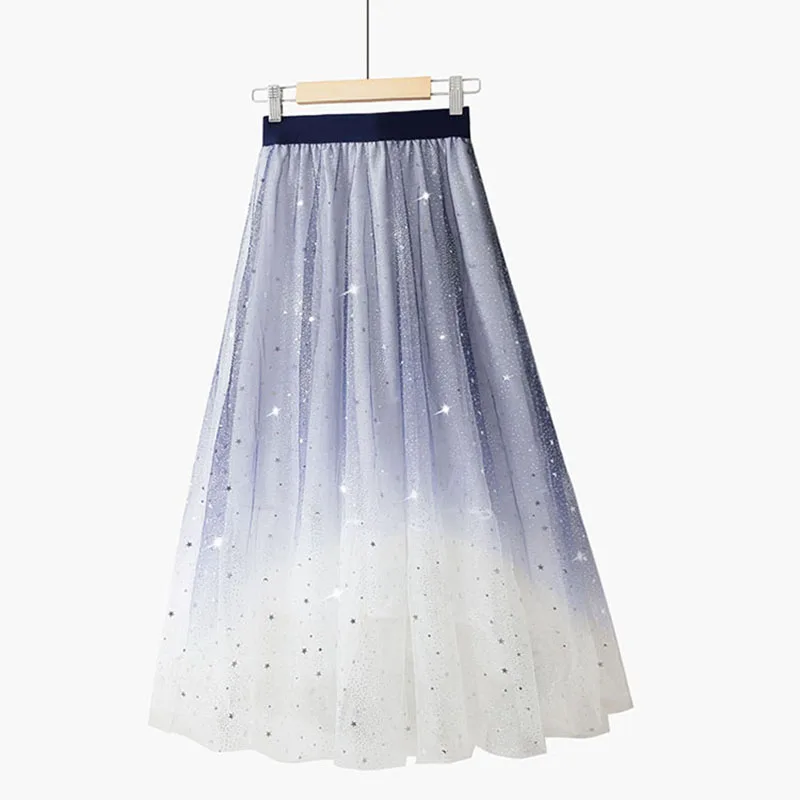 

2019 Elegant Mesh Skirt Women Summer Gradual Change Color Maxi Skirts Fashion Party High Waist Star Appliques Falda Larga Boho