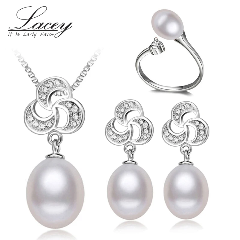 

100% freshwater pearl jewelry sets women, real natural pearl jewelry sets 925 silver mother trendy necklace ring earring party