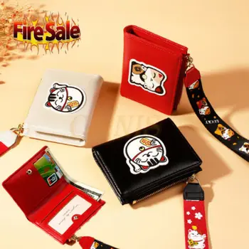 

Cute Cartoon Cat Wallet Women Fashionable Hand Strap Coin Bag Case Leather Simple Bifold Small Multiple Card Slots Handbag Purse