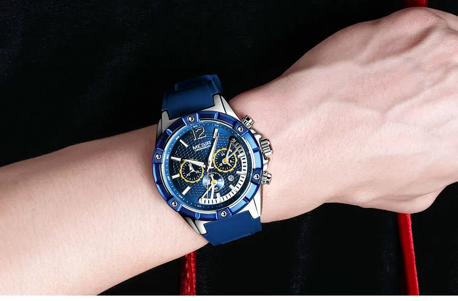 MEGIR армейские спортивные водонепроницаемые кварцевые наручные часы для мужчин синий силиконовый секундомер Relojios Masculinos светящиеся часы 2083GBE-2