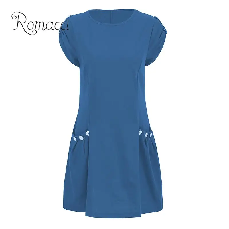 

Romacci Women Plus Size Dress 5XL Solid Color Epaulet Side Pockets Buttons casual dress Round Neck Vintage Summer Dress 2019
