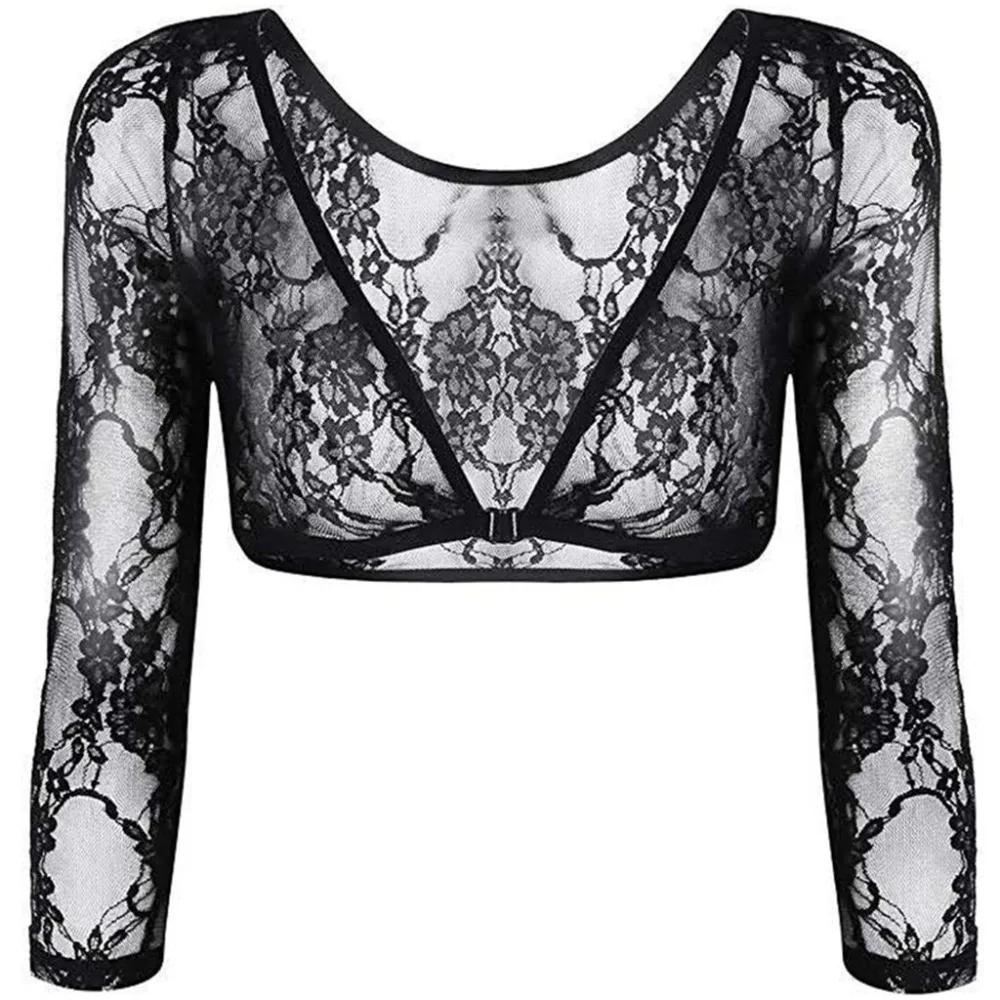 

2019 New Fashion Women Blouse Tops Long Sleeve V-neck Short Mesh Lace Crop Tops Shirts Summer Womens Perspective Cardigan s006