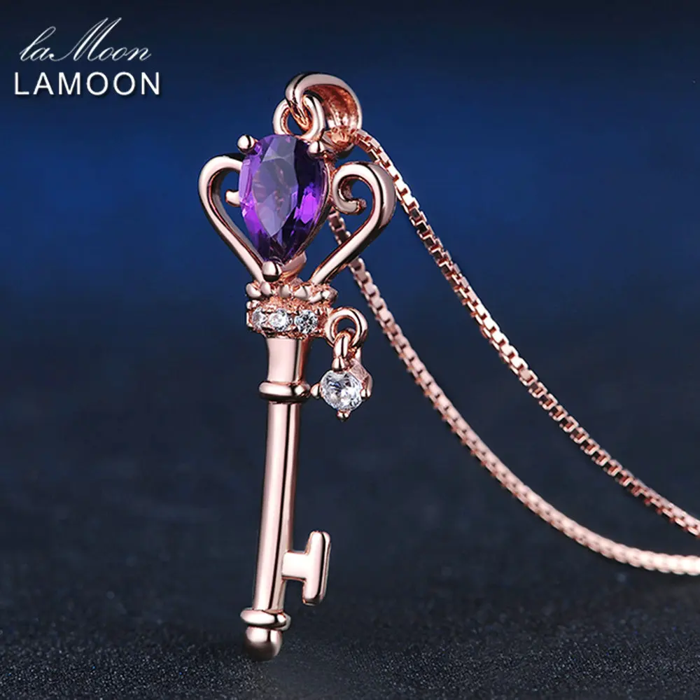 Comprare LAMOON Corona Chiave Del Pendente 925 Collana In Argento Sterling Gioielli 0.4ct Ametista Pietre Preziose Collane In Oro Rosa Placcato A Catena LMNI004