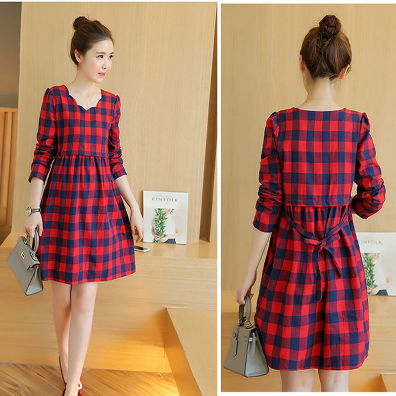 

Maternity Autumn Dress Cotton Plaid Fashion High Quality Maternity Clothes For Pregnant Women Dress Pregnancy Clothing W07