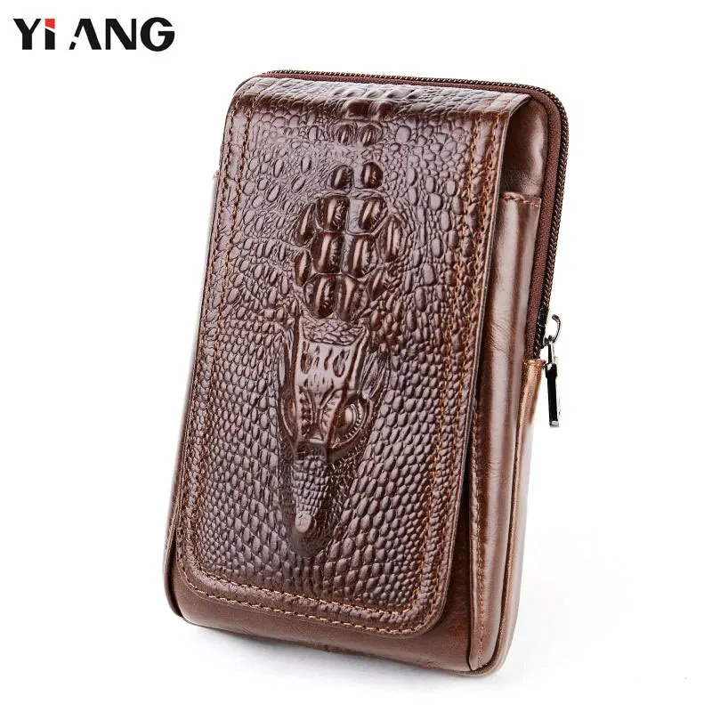 YIANG Men Crocodile Pattern Waist Packs Genuine Leather Cowhide Retro Mobile Phones Bags Belt Clip Bag Fanny Bag Cigarette Pouch