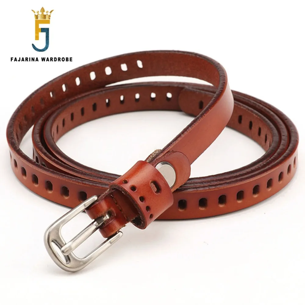 FAJARINA Fashion Ladies Hole Print Pattern Cowhide Alloy Buckle Belts Hollowed Cow Skin Genuine Leather Thin Belt Women LDFJ086