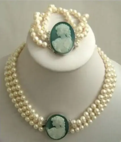 

3 row 7-8mm White Akoya Pearl Cameo Necklace Bracelet^^^@^Noble style Natural Fine jewe SHIPPING new