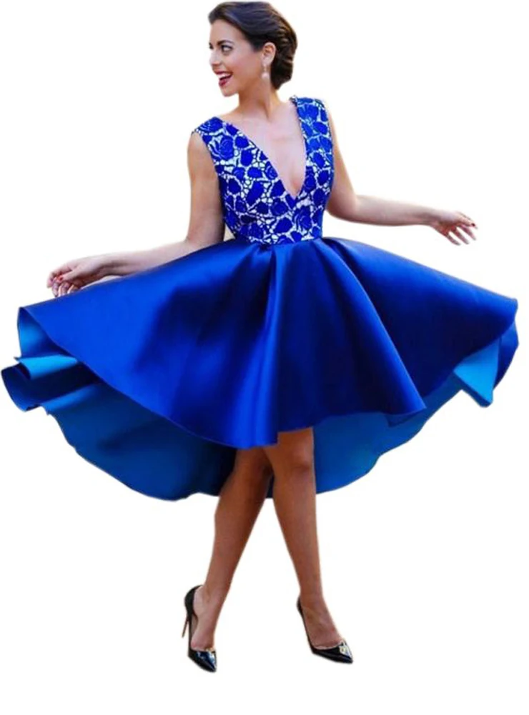 2017 Deep V neck Prom Dresses Royal Blue with lace Open Back A line Knee length Short Evening Formal | Свадьбы и торжества