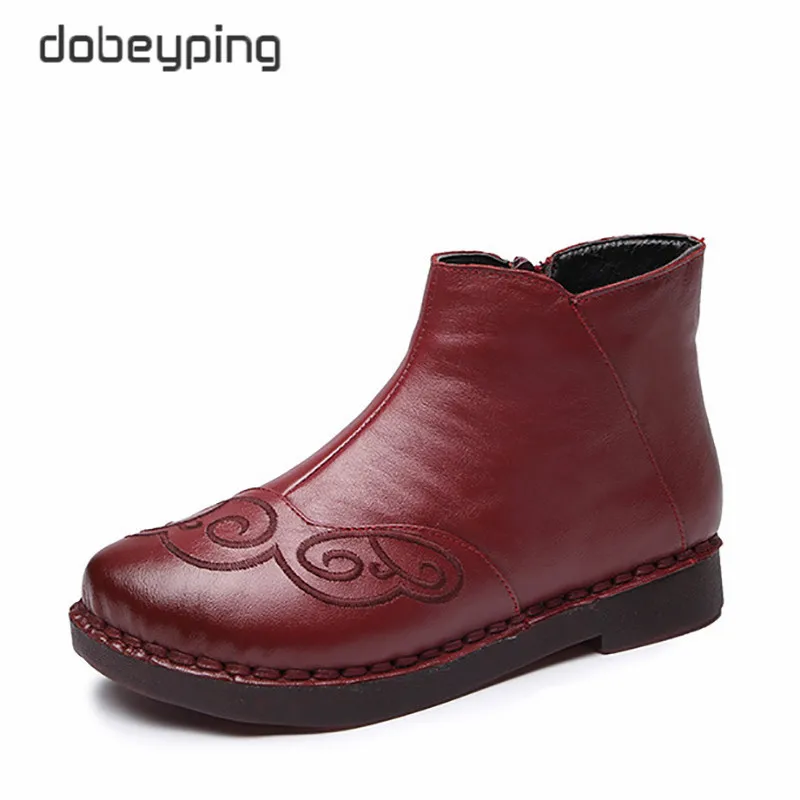 

dobeyping Embroider Women Snow Boots Genuine Leather Woman Ankle Boots Plush Mother Women Shoes Retro Female Winter Cotton Shoe