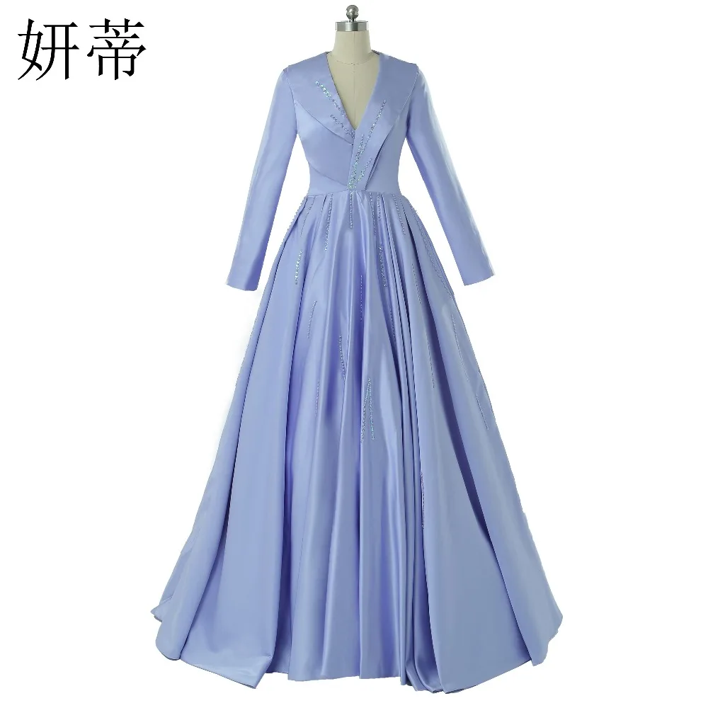 

Charming Long Sleeve V Neck A Line Evening Dress 2017 Sequined Beading Court Train Custom Made Prom Dresses Custom Made