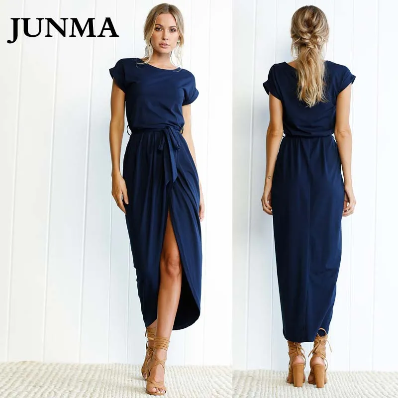 

Elegant Women O-neck Short Sleeve Split Dresses Tunic Summer Beach Sun Casual Female Sexy Irregular Party Maxi Dresses