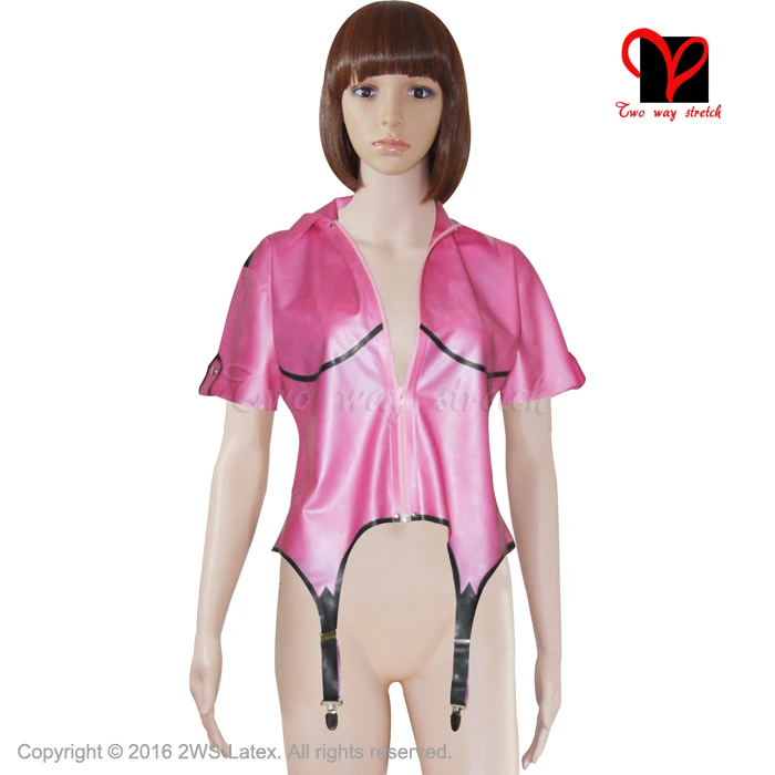 Sexy Metallic Pink Latex garter suspender belts sleeve Rubber Gummi coat blouse Body stocking shirt Fetish