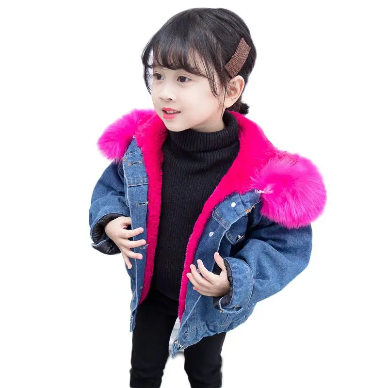 

Winter 2018 Fashion Girls Denim Jackets Kids Thick Velvet Faux Fur Hooded Outfits Children's Cotton Warm Outerwear & Coats G291