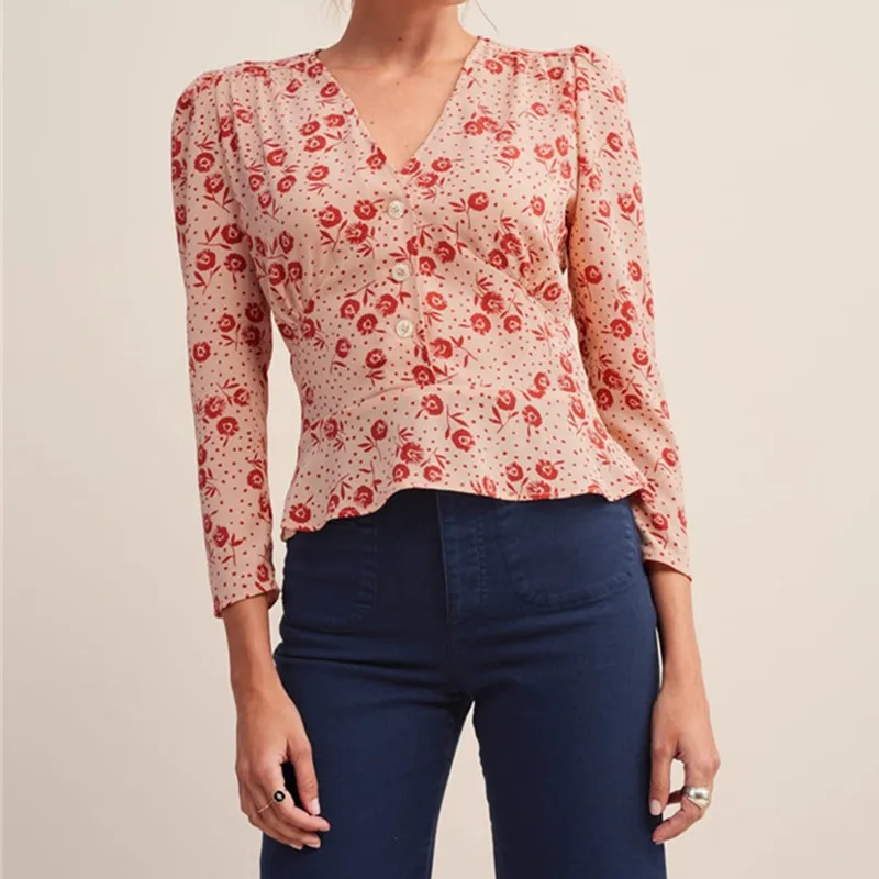 

Women Flower Print V Neck Shirt 2019 New Spring Summer Fresh Sweet Slim Fit Top