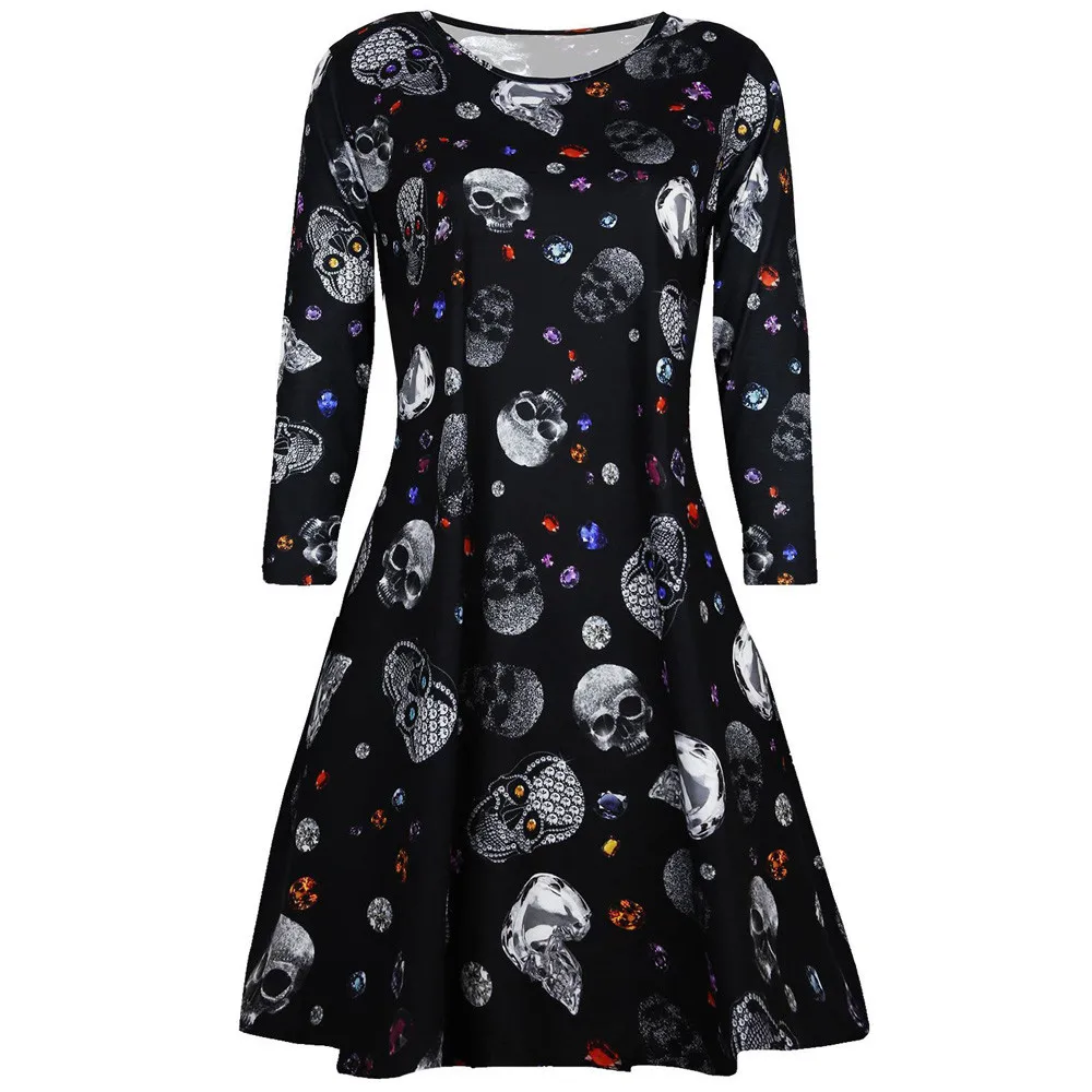 

2018 Womens Vampire Horror Blood Halloween Long Sleeve O-Neck Costume Ladies Smock Flared Swing Dress Daily,Casual