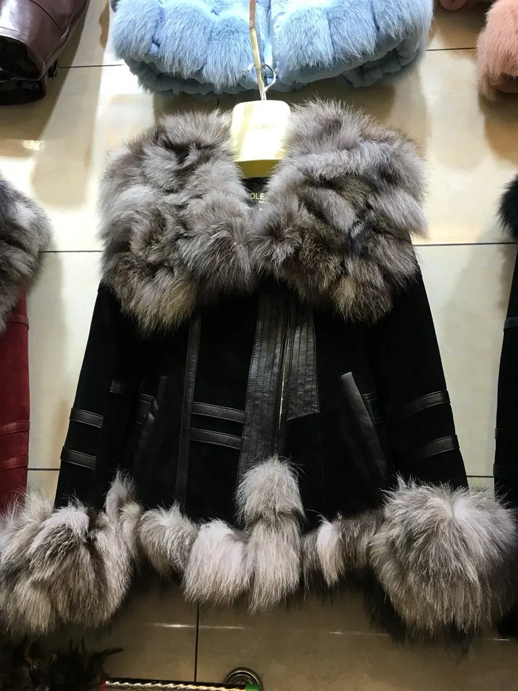 

Women's Fur Coat 100% Genuine Female Leather Jacket With Real Fox Fur Collar Warm Winter 2019 Plus Size Windbreaker Clothing