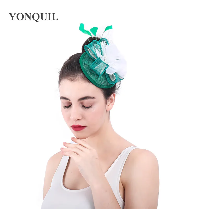 Зеленый sinamay База fascinators с имитацией цветок core Свадебные перо аксессуары для волос красный коктейль шапки новое поступление SYF359