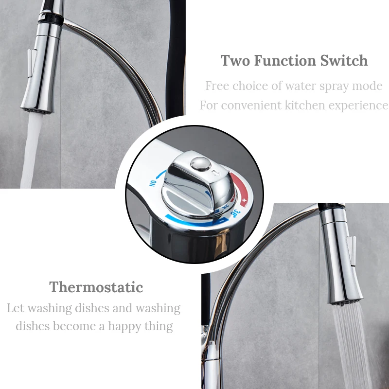 Термостатический хромированный кухонный кран для раковины, поворотный выдвижной кухонный кран, кран для раковины, монтируемый на бортике, смеситель для горячей и холодной воды