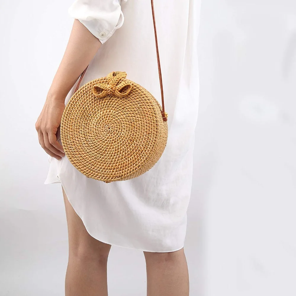 БАЛИЙСКАЯ винтажная кожаная сумка через плечо ручной работы, круглая пляжная сумка для девочек, круглая ротанговая сумка, маленькая богемная сумка на плечо