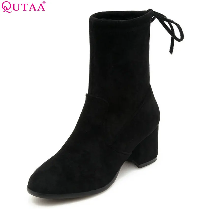 

QUTAA 2019 Women Boots Platform Woman Mid Calf Boots Square High Heel Lycra Women Shoes Women Motorcycle Boots Size 34-43
