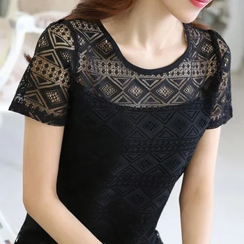 

Ladies Tops Hollow Lace Short Sleeves Slim Fit Crew Neck Shirts for Summer IK88
