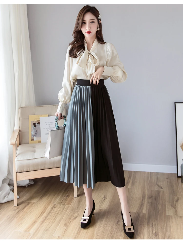 Юбки для женщин для s High street fashion контраст цвет лоскутное плиссированная юбка Эластичный Высокая талия линии миди юбка женская одежда 2019