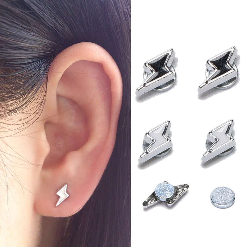 

White Black Stud Magnet Ear Stud Earrings Clip On No Ear Hole Gift newest Cartoon Lightning Shape Stud Earrings For Women