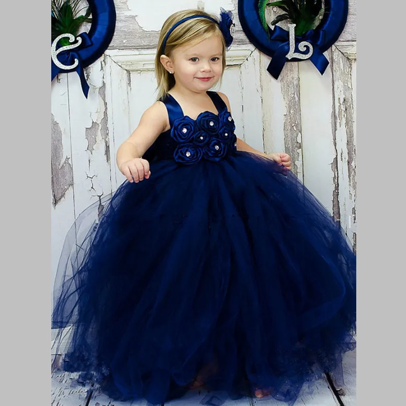 Темно-синее платье-пачка для девочек; платье принцессы для маленьких девочек на свадьбу; платье подружки невесты с цветочным узором для девочек; детское платье из тюля на выпускной день рождения