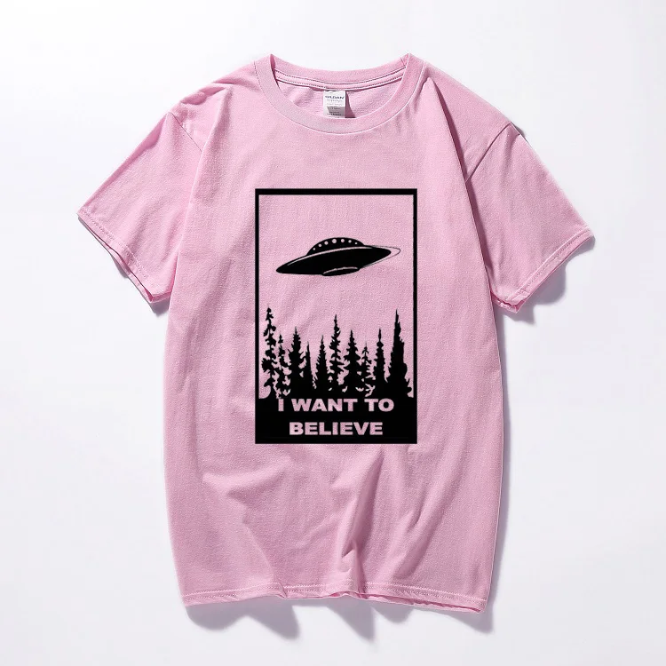 Футболка с надписью «I Want to Believe», забавная футболка, sci fi, ufo, space x fiction, файлы с инопланетянами, хлопковая футболка с короткими рукавами, camisetas hombre - Цвет: Розовый