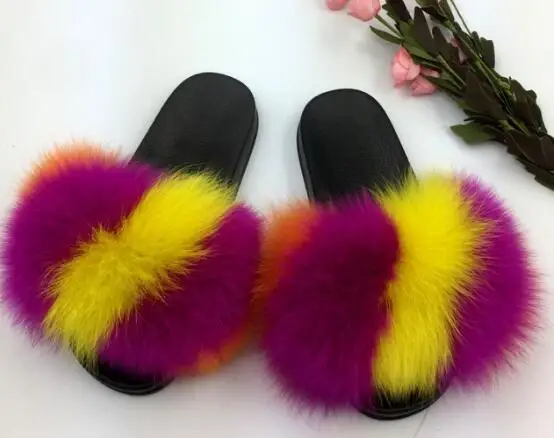 New Mixed Color Real Fox Fur Slippers Slides Casual Shoes Fluffy Slippers Flip Flops Furry Shoes Women - Цвет: see as pic