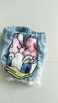 Girls cute Shorts Denim Cartoon Daisy Duck hole Baby Ripped Jeans Short Pants Summer Sequin Pearls Kids Trousers girl Clothes 4