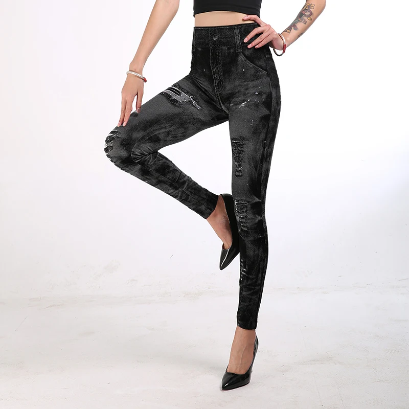 S-3XL 2019 Imitation Cowboy Printed Leggings Women High Waist Slim Elastic Pencil Pants Plus Size Sexy Jeans Leggings Red Gray
