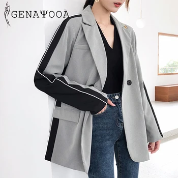 

Genayooa High Quality Blazer Women Winter Jacket Women Grey Patchwork Office Lady Fashion Long Sleeve Coat 2019 Loose Female