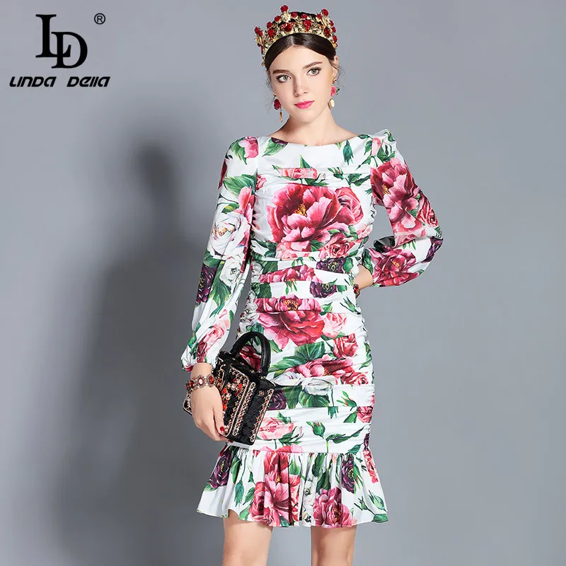 

LD LINDA DELLA 2018 New Autumn Fashion Runway Party Dresses Women's Long Sleeve Ruched Floral Printed Sexy Mermaid Bodycon Dress