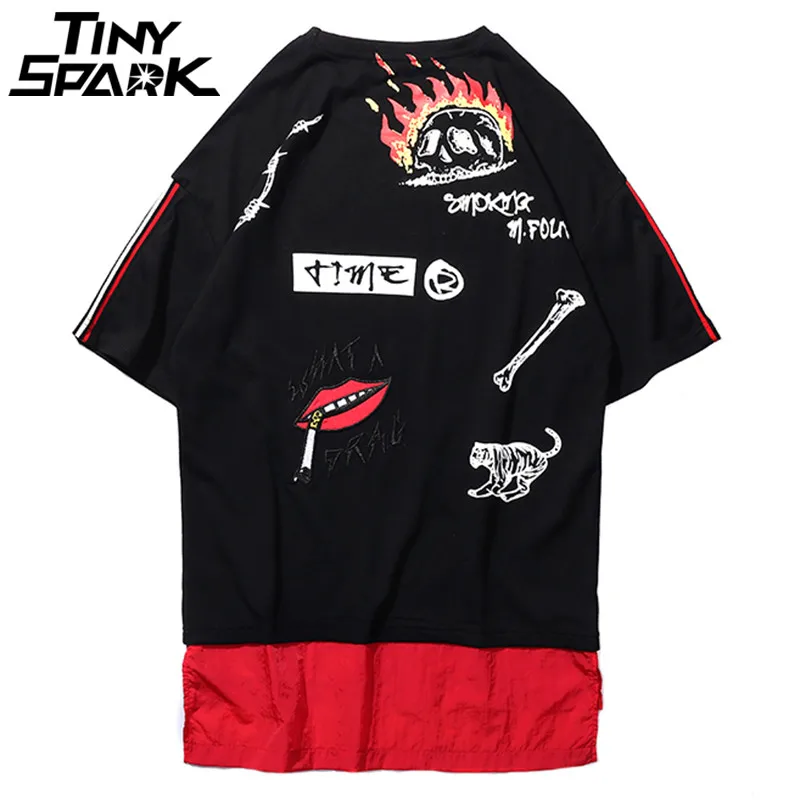 Graffiti T Shirt Men Hip Hop Long Tshirt Streetwear Print Lip Smoking T