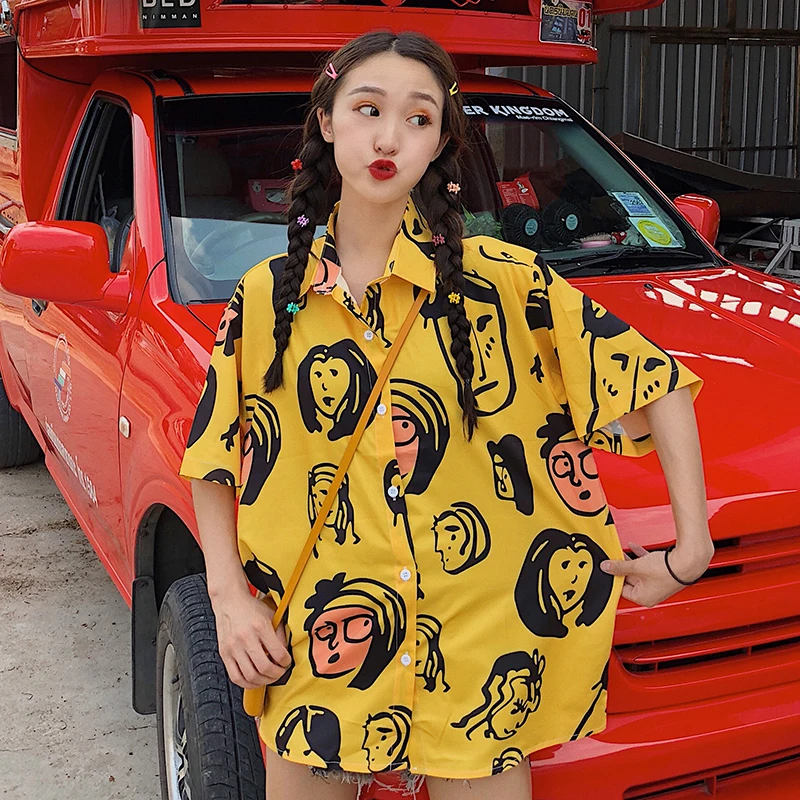 

Funny Special Printed Blouse Women Harajuku Streetwear Cartoon Loose Women's Shirt Boyfriend Style Buttons Kpop Blouses Summer