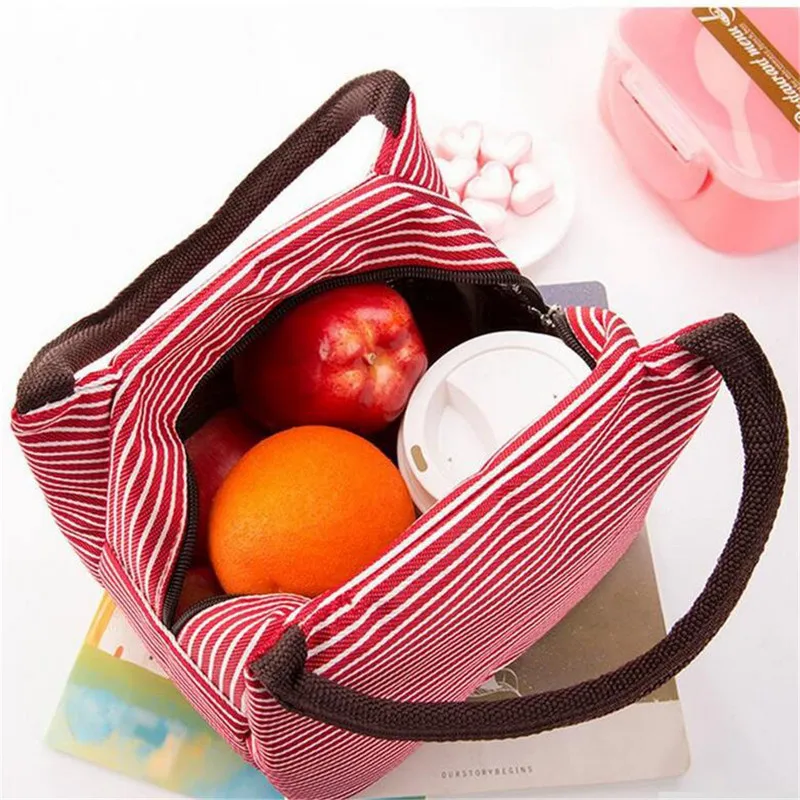 Woman Casual Laptop Lunch Stripe Canvas Bag Isolation Bag Food Picnic Lunch Bag Child Lunch Box Bag