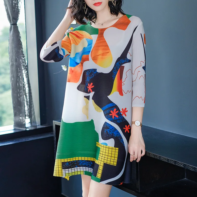 Gray Changpleat женские свободные футболки с принтом Miyak, плиссированная Женская одежда с круглым вырезом и рукавом 3/4, большие размеры, модная футболка T95 - Цвет: Gray