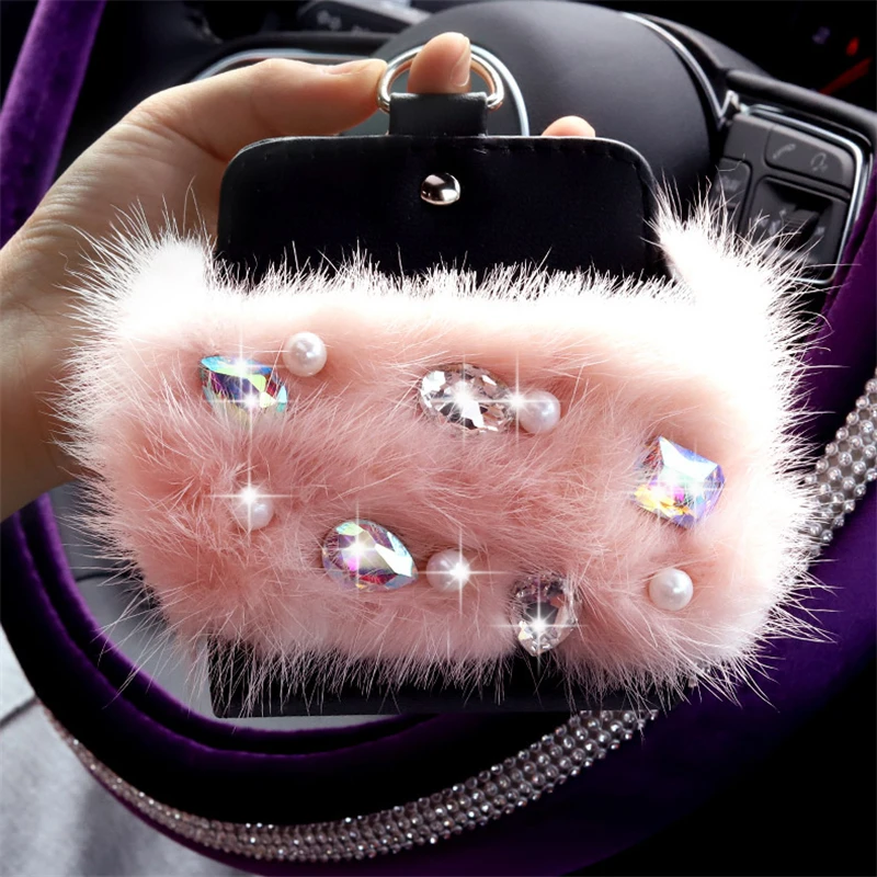 Розовое зеркало заднего вида для автомобиля с украшением в виде кристаллов, Висячие Стразы с кристаллами и бриллиантами, коробка для салфеток, Очаровательное украшение для женщин