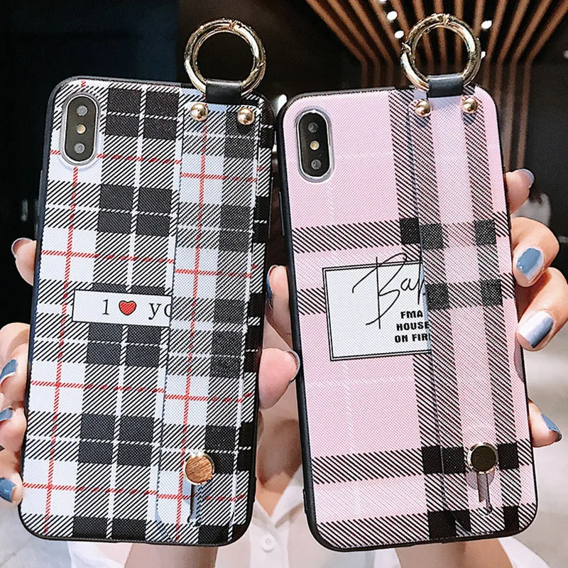 

Wrist Strap Case Soft TPU Grid Pattern Phone Case For iPhone 6 6S 7 8 Plus Lattice Holder Stand Case For iPhone X XS MAX XRCover