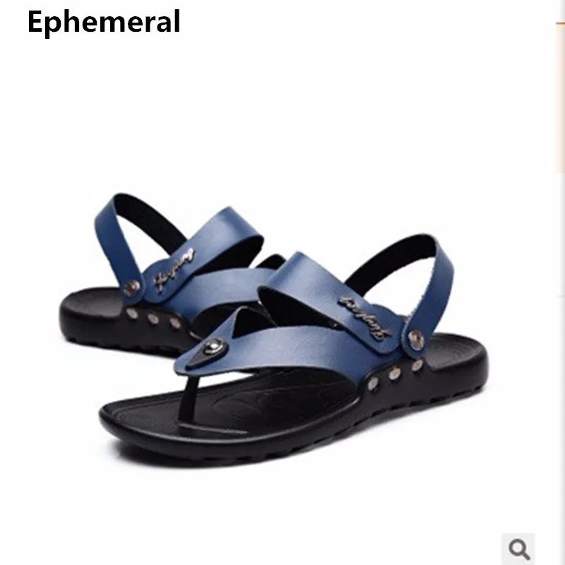 

Mens Plus size 35-47 46 cow split Real leather Two-ways wearing Male Summer Sandals flats Shoes black white Flip flops fashion